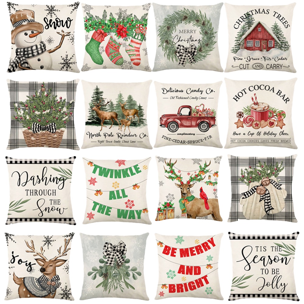 Linen Merry Christmas Pillow Cover Throw Pillowcase Winter Christmas Decorations for Home Tree Deer Sofa Cushion Cover