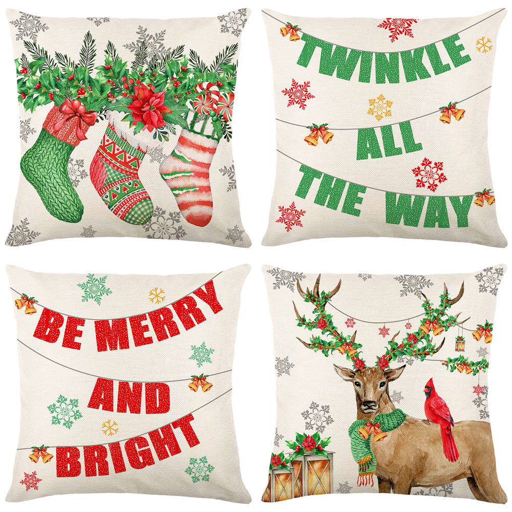 Linen Merry Christmas Pillow Cover Throw Pillowcase Winter Christmas Decorations for Home Tree Deer Sofa Cushion Cover