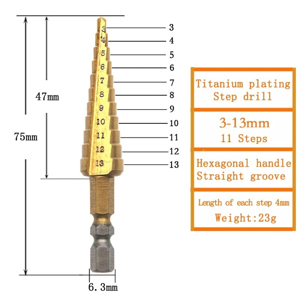 Titanium Coated Step Drill Bit Hex Shank Multi-Size Hole Cutter for Metal, Wood & Plastic