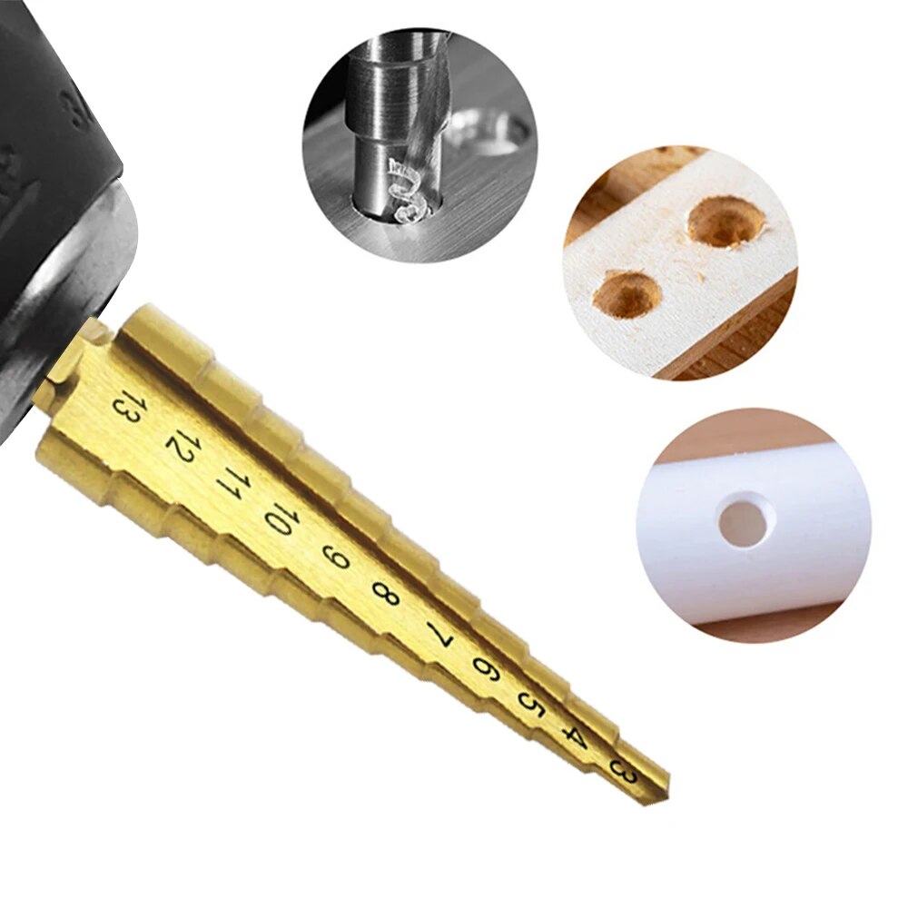 Titanium Coated Step Drill Bit Hex Shank Multi-Size Hole Cutter for Metal, Wood & Plastic