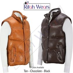 men's puffer leather waistcoat lambskin leather padded casual vest style 3 colors genuine leather