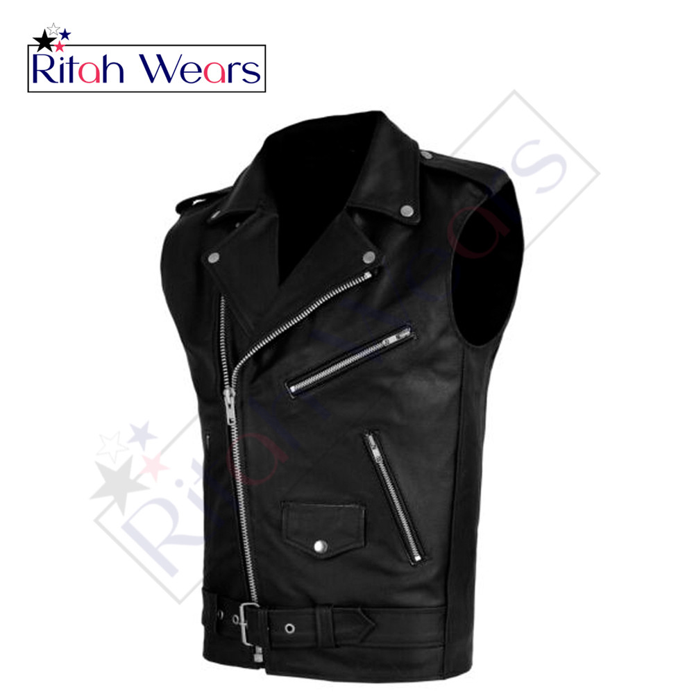Motorcycle Mens Leather Motorbike Vest Motorcycle With Genuine Leather Black Color 1