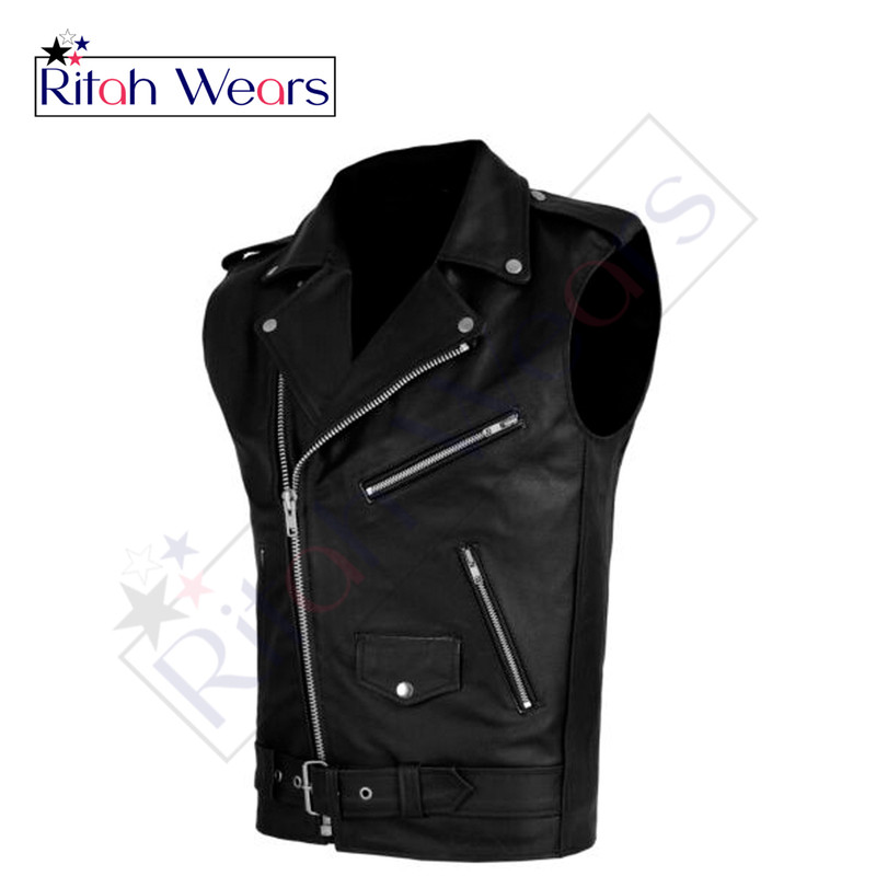 Motorcycle Mens Leather Motorbike Vest Motorcycle With Genuine Leather Black Color 1