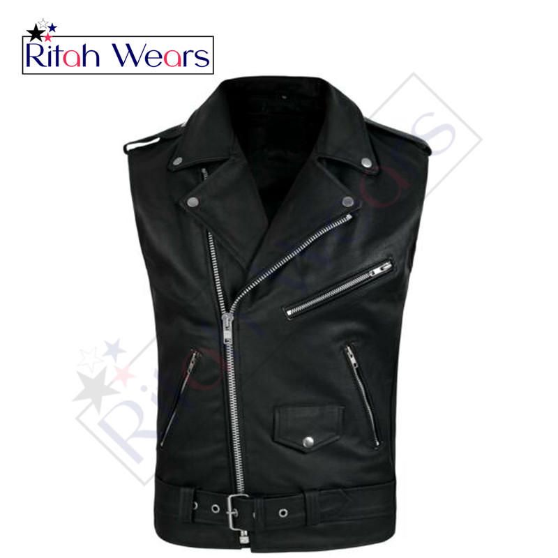 Motorcycle Mens Leather Motorbike Vest Motorcycle With Genuine Leather Black Color 3