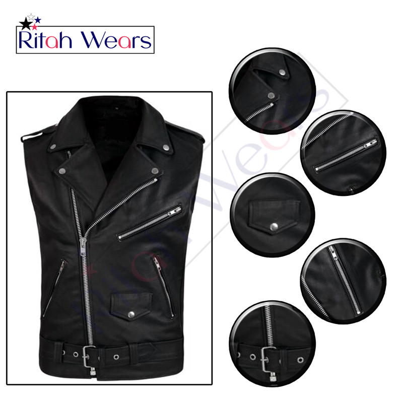 Motorcycle Mens Leather Motorbike Vest Motorcycle With Genuine Leather Black Color 0