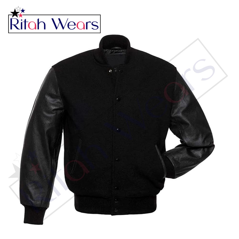 Varsity Letterman Baseball Bomber Style College Jacket Wool Body Solid Black Cowhide Leather Sleeve 5