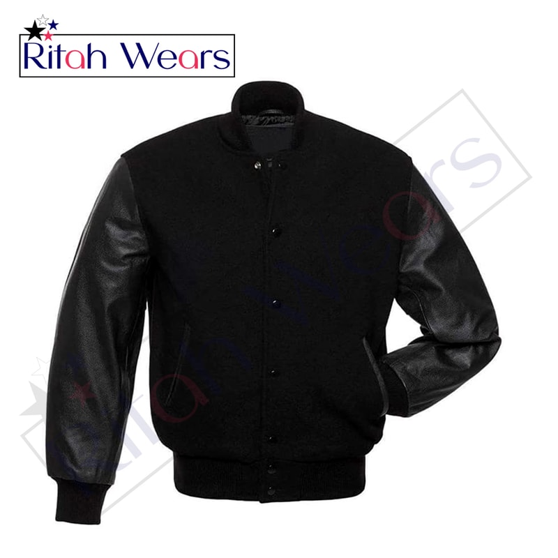 Varsity Letterman Baseball Bomber Style College Jacket Wool Body Solid Black Cowhide Leather Sleeve 5