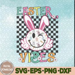 Retro Groovy Easter Vibes Bunny Checkered Smile Svg, Eps, Png, Dxf