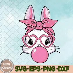 Cute Rabbit Bunny Blowing Bubble Gum Easter Day Svg, Easter Svg, Bunny With Heart Glasses Svg, Eps, Png, Dxf