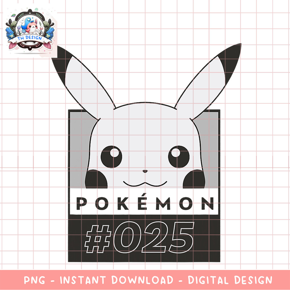 Pokemon Pikachu 025 Adorable Black And White Portrait png, digital download, instant .png