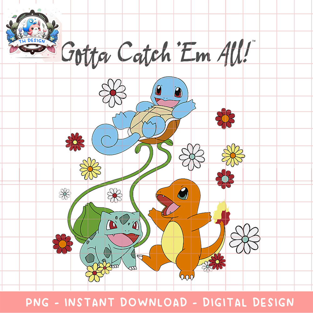 Pokemon Group Shot Starters Gotta Catch_ Em All Floral png, digital download, instant .png