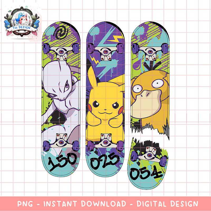 Pokemon Mewtwo Pikachu Psyduck Generation 1 Skateboards png, digital download, instant .png