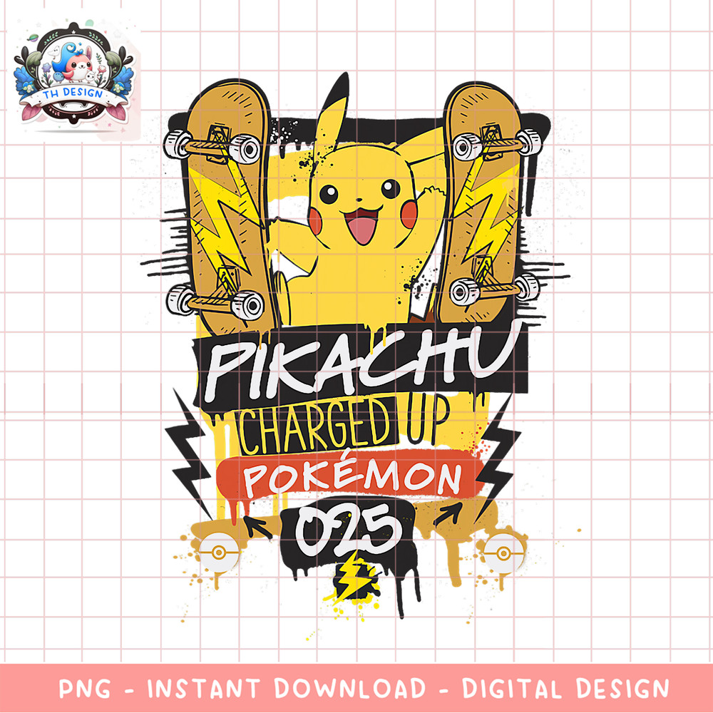 Pokemon Pikachu Charged Up 025 Skater Pikachu Street Art png, digital download, instant .png