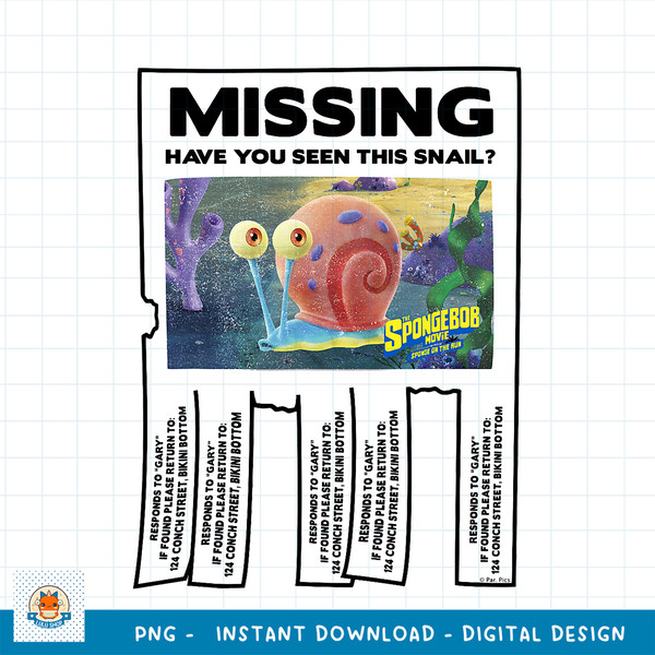 SpongeBob SquarePants Sponge On The Run Missing Gary Poster png, digital download .jpg