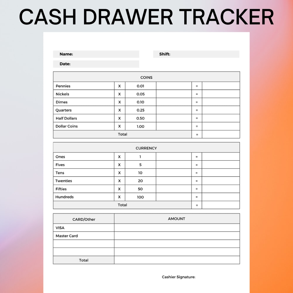 Cash Drawer Tracker Denominations Record Sheet Money Register Printable Editable Canva Template 0