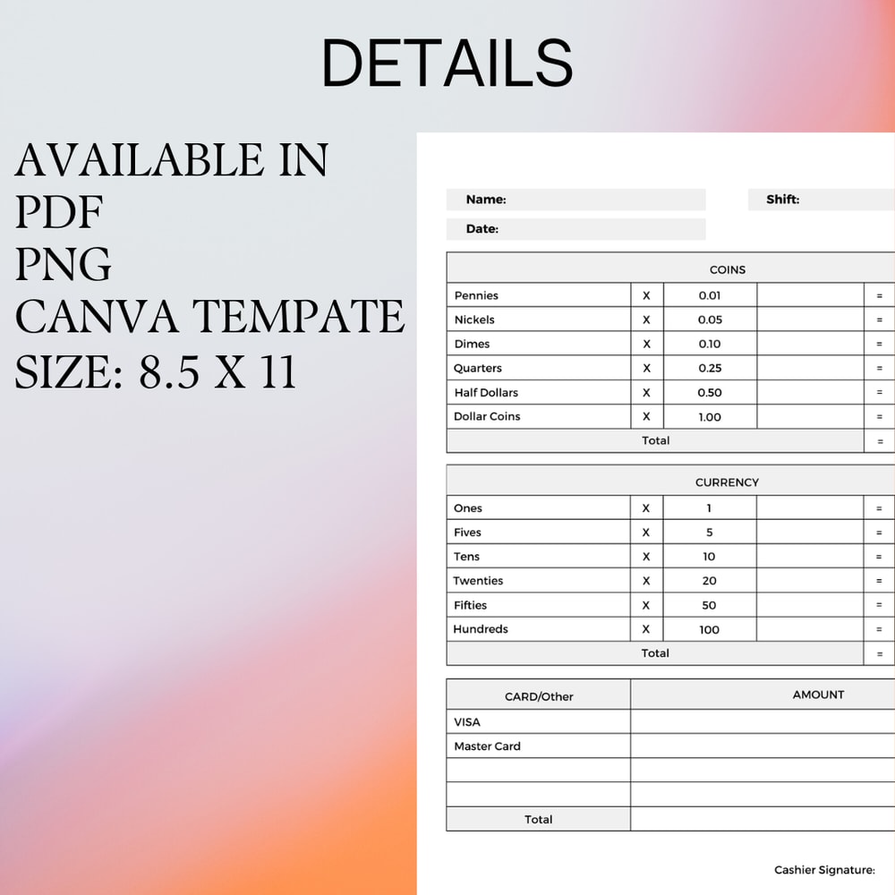 Cash Drawer Tracker Denominations Record Sheet Money Register Printable Editable Canva Template 1