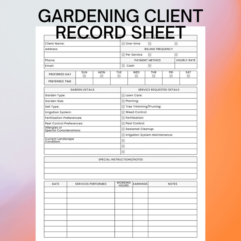 Gardening Client Record Sheet For Landscapers And Horticulture Enthusiasts Printable Editable Canva 0