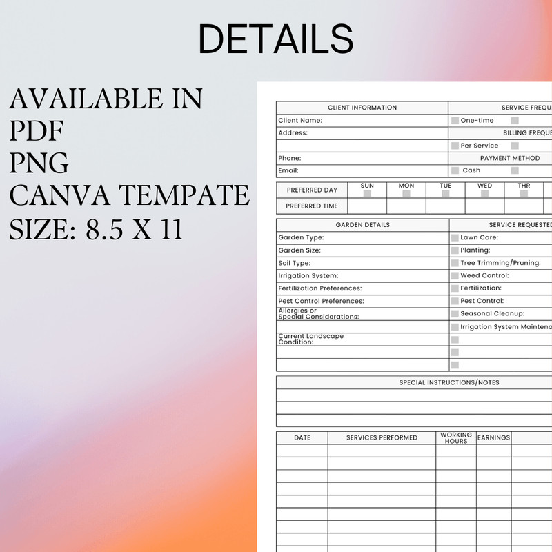 Gardening Client Record Sheet For Landscapers And Horticulture Enthusiasts Printable Editable Canva 1