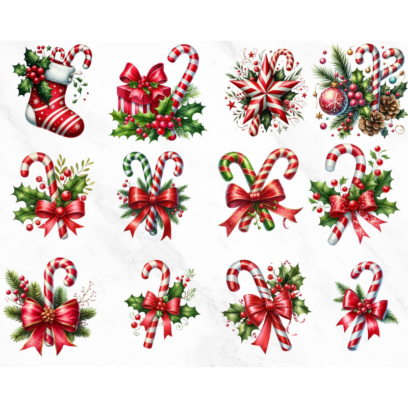 Holiday Candy Cane Clipart Watercolor Christmas Vector Art Perfect for Scrapbooking and Crafts