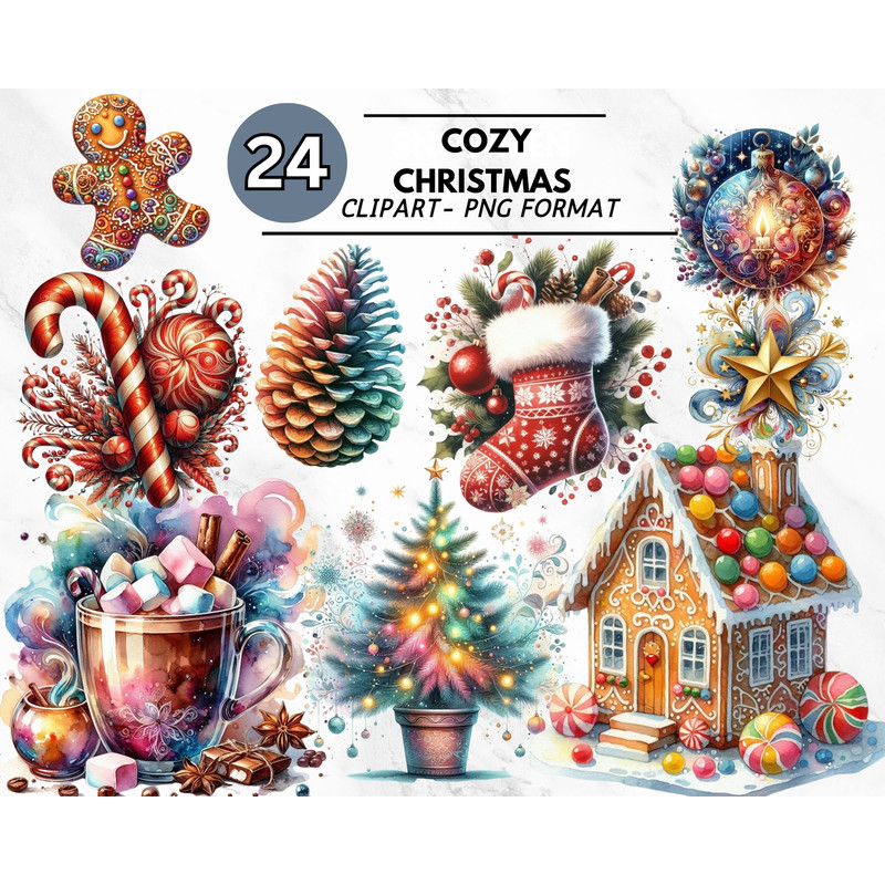 Cozy Christmas Clipart Bundle Boho Watercolor Ornaments Rustic Wreaths Neutral Stockings Santa PNG  0