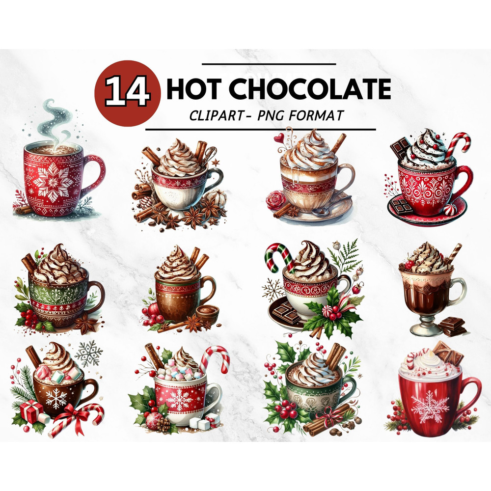Watercolor Hot Chocolate Clipart Hot Cocoa PNG Christmas PNG Clipart Winter Junk Journal Food Clipa 0