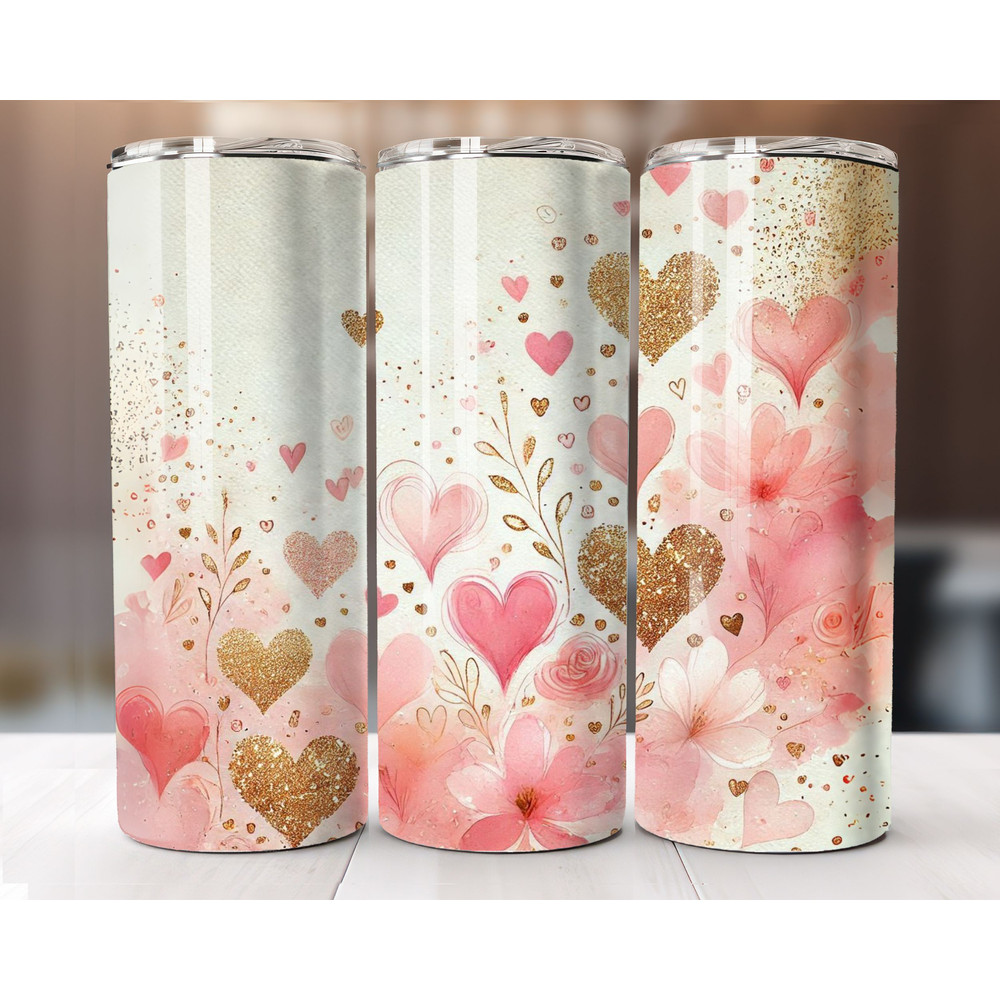 Valentines Day 20oz skinny tumbler wrap with pink hearts and glitter design sublimationready PNG