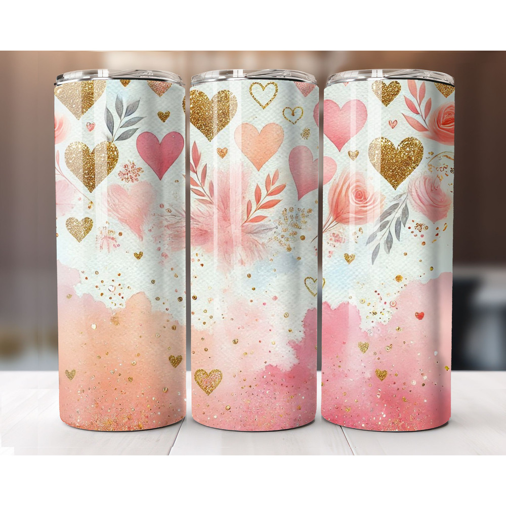 Valentines Day tumbler wrap 20oz skinny sublimation design with pink hearts glitter perfect for s