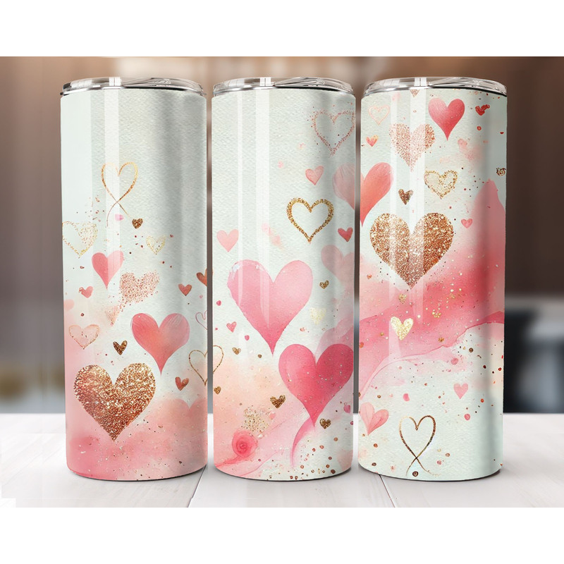 Valentines Day Tumbler Wrap 20oz Skinny Sublimation PNG Design With Red Glitter Hearts 0