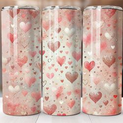 valentines day tumbler wrap, 20oz skinny sublimation png design, romantic pink glitter hearts, straight & tapered