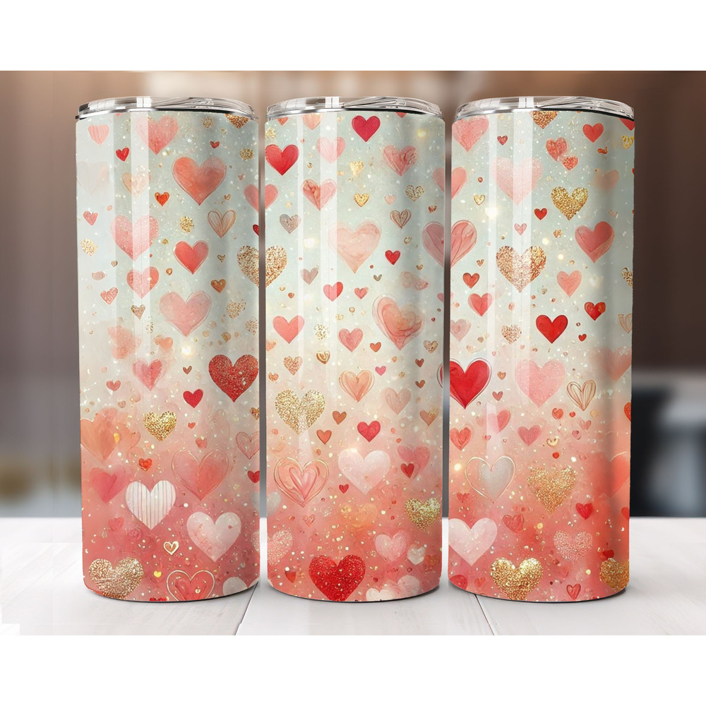 Valentines Day Tumbler Wrap 20oz Skinny Sublimation PNG Design Purple Glitter Hearts Straight And T 0