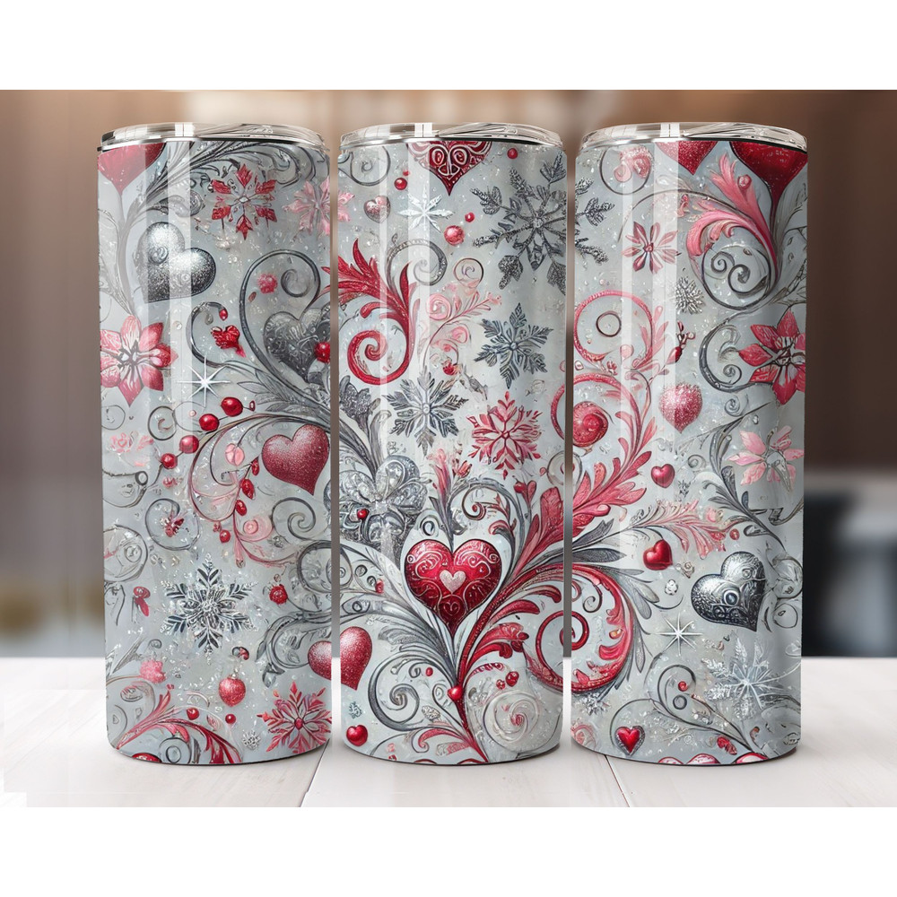 Valentines Day Tumbler Wrap 20oz Skinny Sublimation PNG Pink Glitter Hearts Straight And Tapered 0