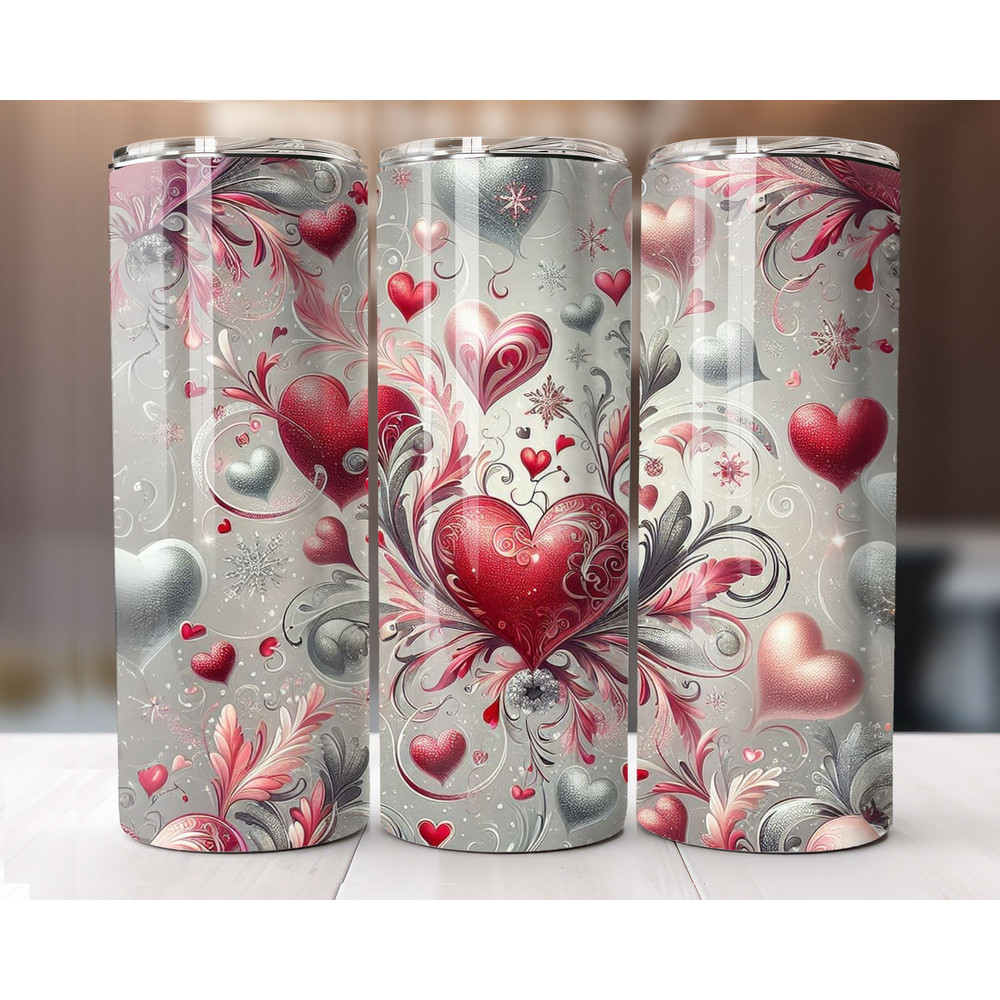Valentines Day Tumbler Wrap 20oz Sublimation PNG Watercolor Hearts And Roses Straight And Tapered 0