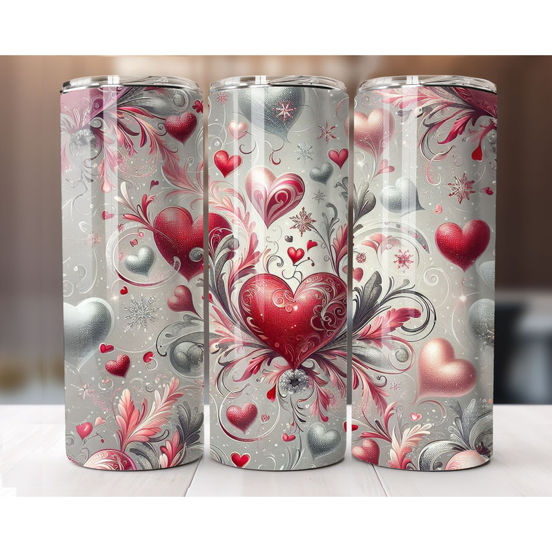 Valentines Day Tumbler Wrap 20oz Sublimation PNG Watercolor Hearts And Roses Straight And Tapered 0