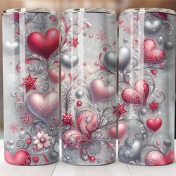 valentines day gnome tumbler wrap, 20oz skinny sublimation png, pink glitter hearts, straight and tapered