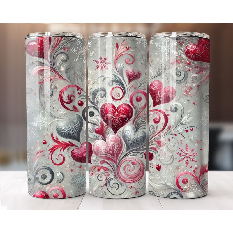 Valentines Day Tumbler Wrap PNG 20oz Skinny Sublimation Glitter Hearts Design Straight Tapered Omb 0