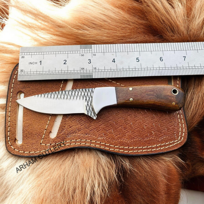 Hand Made Rasp File Knife With Rose Wood Scales And Pan Cake Leather Sheath 0