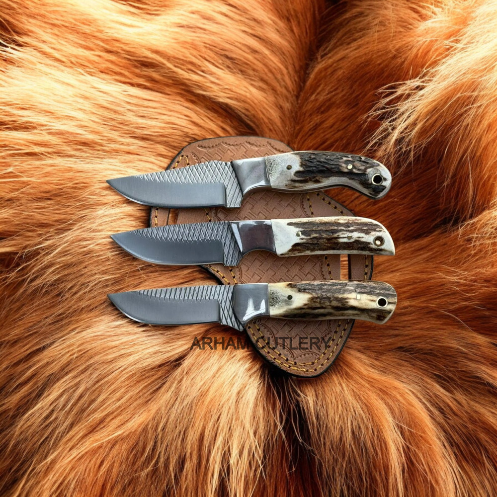 Lot Of Three Handmade Farrier Rasp File Stag Horn Fixed Blade Knife 0