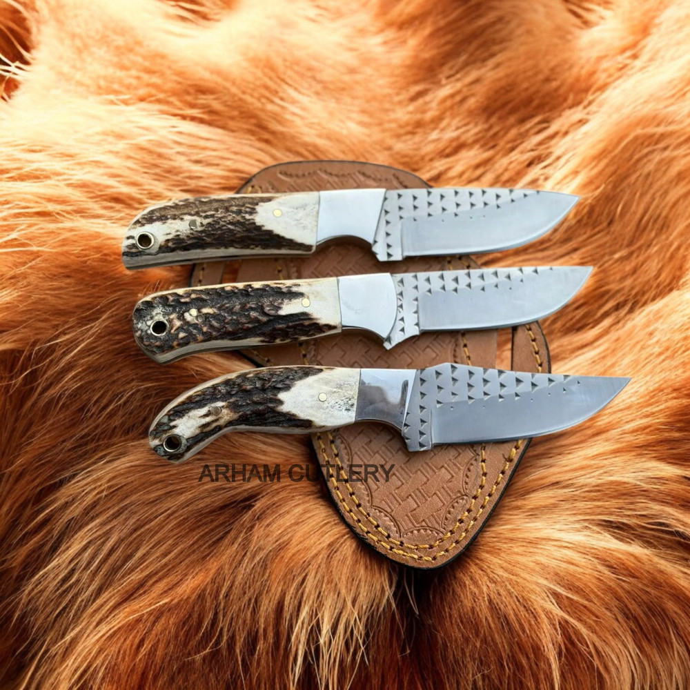 Lot Of Three Handmade Farrier Rasp File Stag Horn Fixed Blade Knife 1