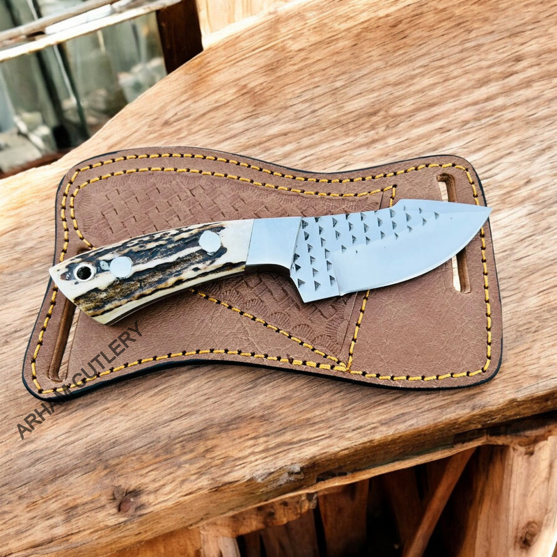 Handmade Stag Horn Knife With Rasp File Blade And Leather Sheath 1