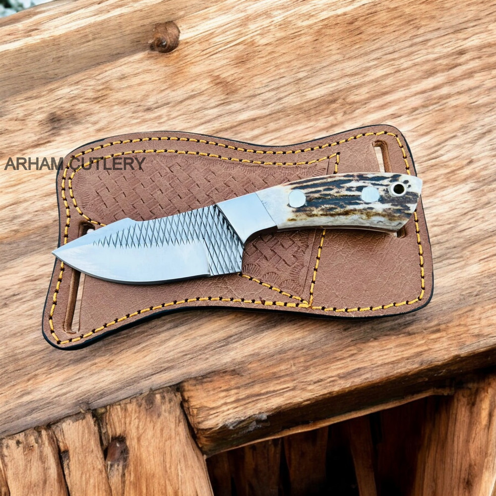 Handmade Stag Horn Knife With Rasp File Blade And Leather Sheath 0