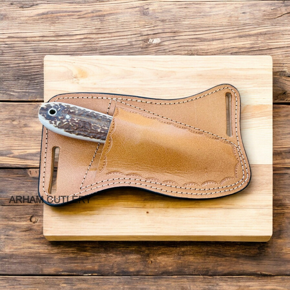 Handmade Rasp File Stag Horn Knife With Pan Cake Leather Sheath 1