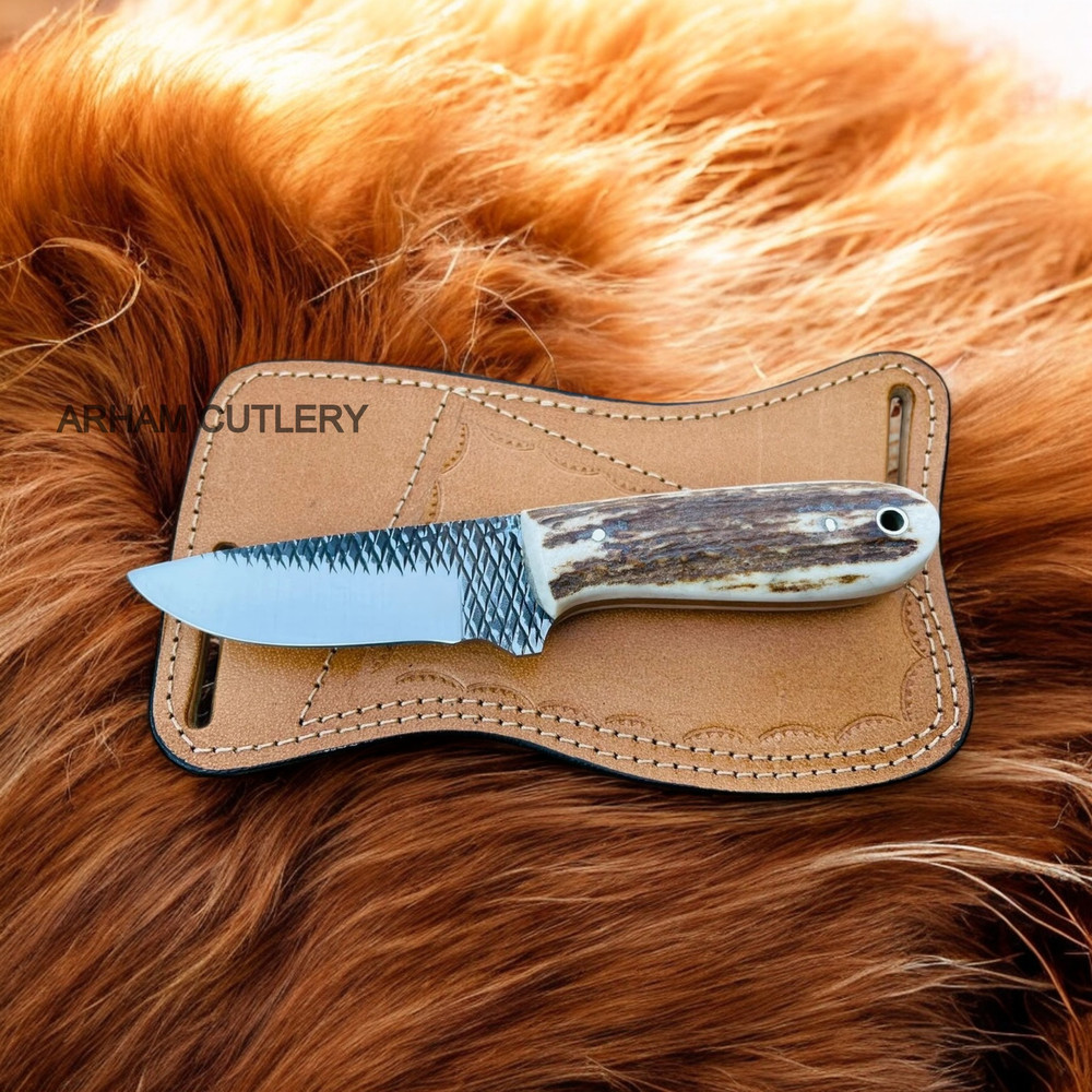 Handmade Rasp File Stag Horn Knife With Pan Cake Leather Sheath 2