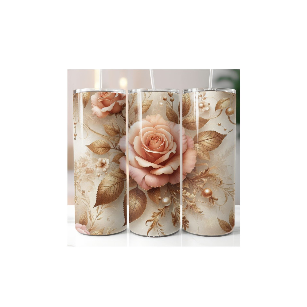 20oz Skinny Tumbler Wrap PNG 3D Pink Roses Spring Floral Sublimation Design Straight Tapered Tu 0