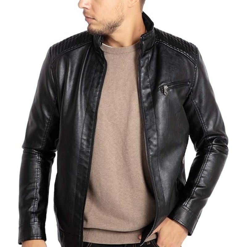 Mens Stand Collar Leather Jacket Motorcycle Lightweight Faux Leather Outwear Best Charismas Gift F 0