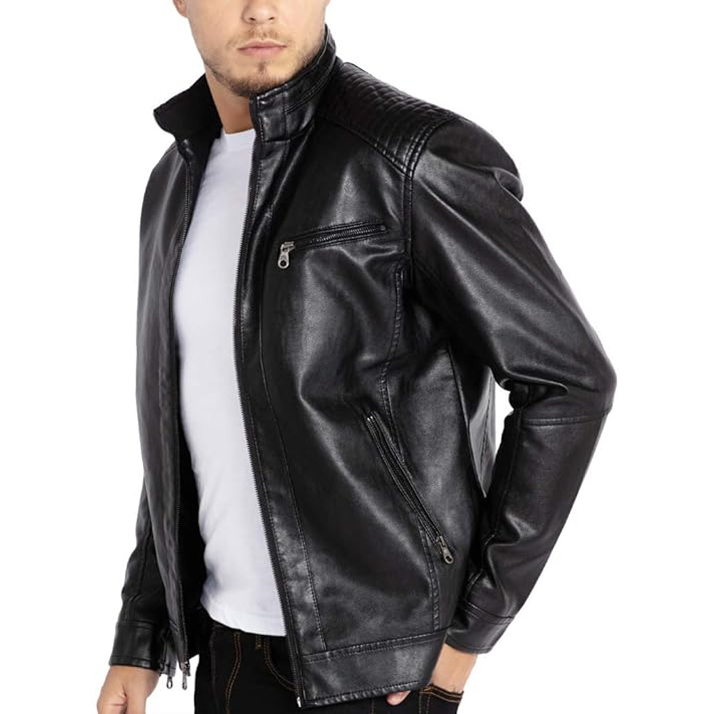 Mens Stand Collar Leather Jacket Motorcycle Lightweight Faux Leather Outwear Best Charismas Gift F 2