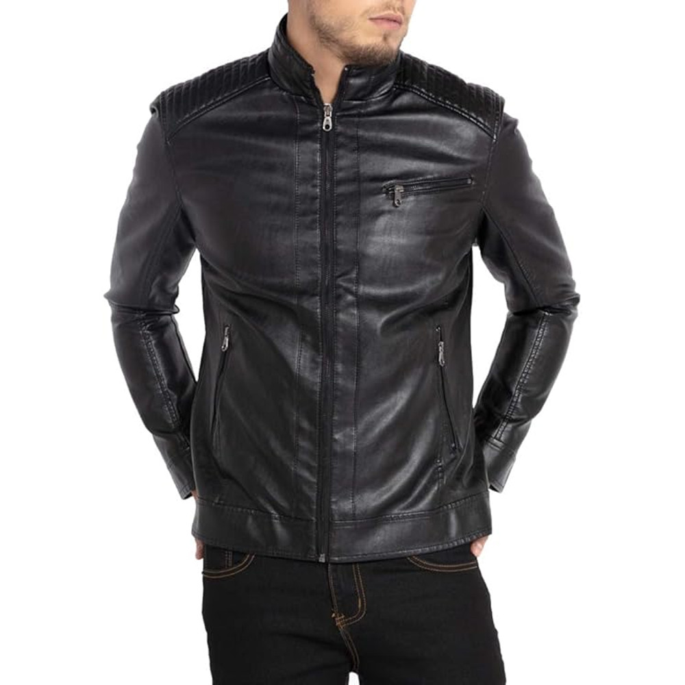 Mens Stand Collar Leather Jacket Motorcycle Lightweight Faux Leather Outwear Best Charismas Gift F 3