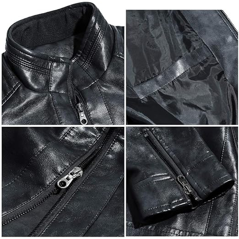 Mens Stand Collar Leather Jacket Motorcycle Lightweight Faux Leather Outwear Best Charismas Gift F 5