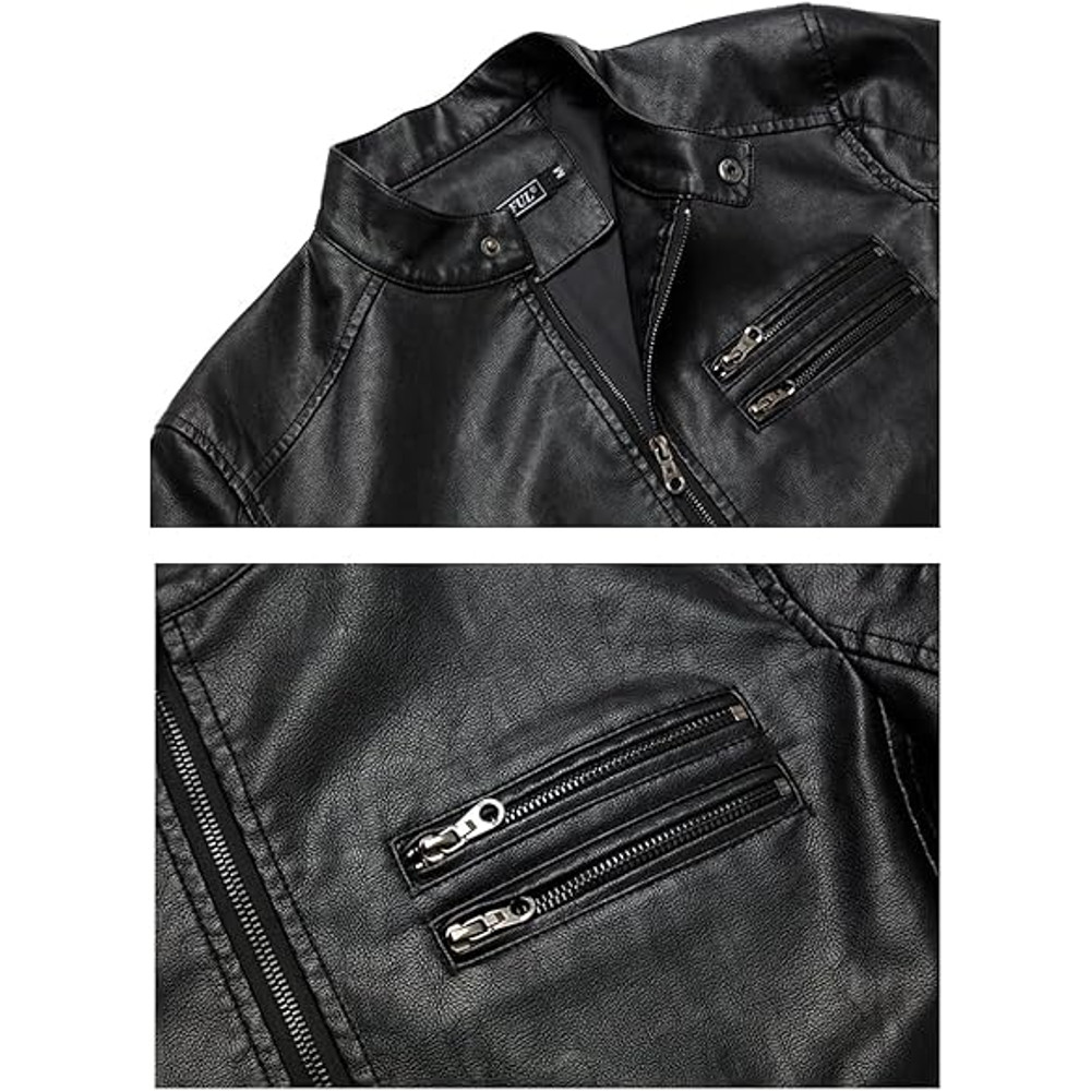 Mens Stand Collar Leather Jacket Motorcycle Lightweight Faux Leather Outwear Bes T Charismas Gift 2