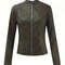 WomenS Street Style Solid Color Polyester Leather Jacket Crew Neck Long Sleeve Zipper Closure Sligh 3
