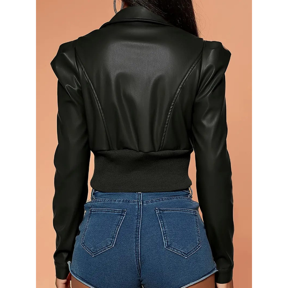 Womens Elegant Puff Sleeve Short Leather Jacket PU Leather Casual Style Collar Solid Color AllSeaso 1